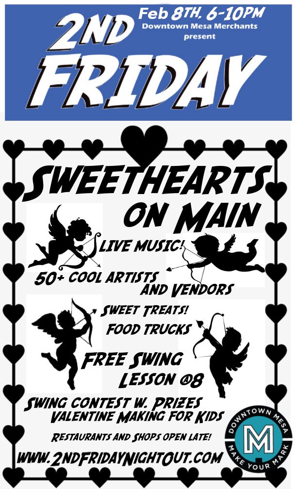Sweethearts on Main! Fri, Feb 8th. Free swing lessons at 8 @ the OneOhOne Gallery. Free Swing contest with prizes! No partner needed!
