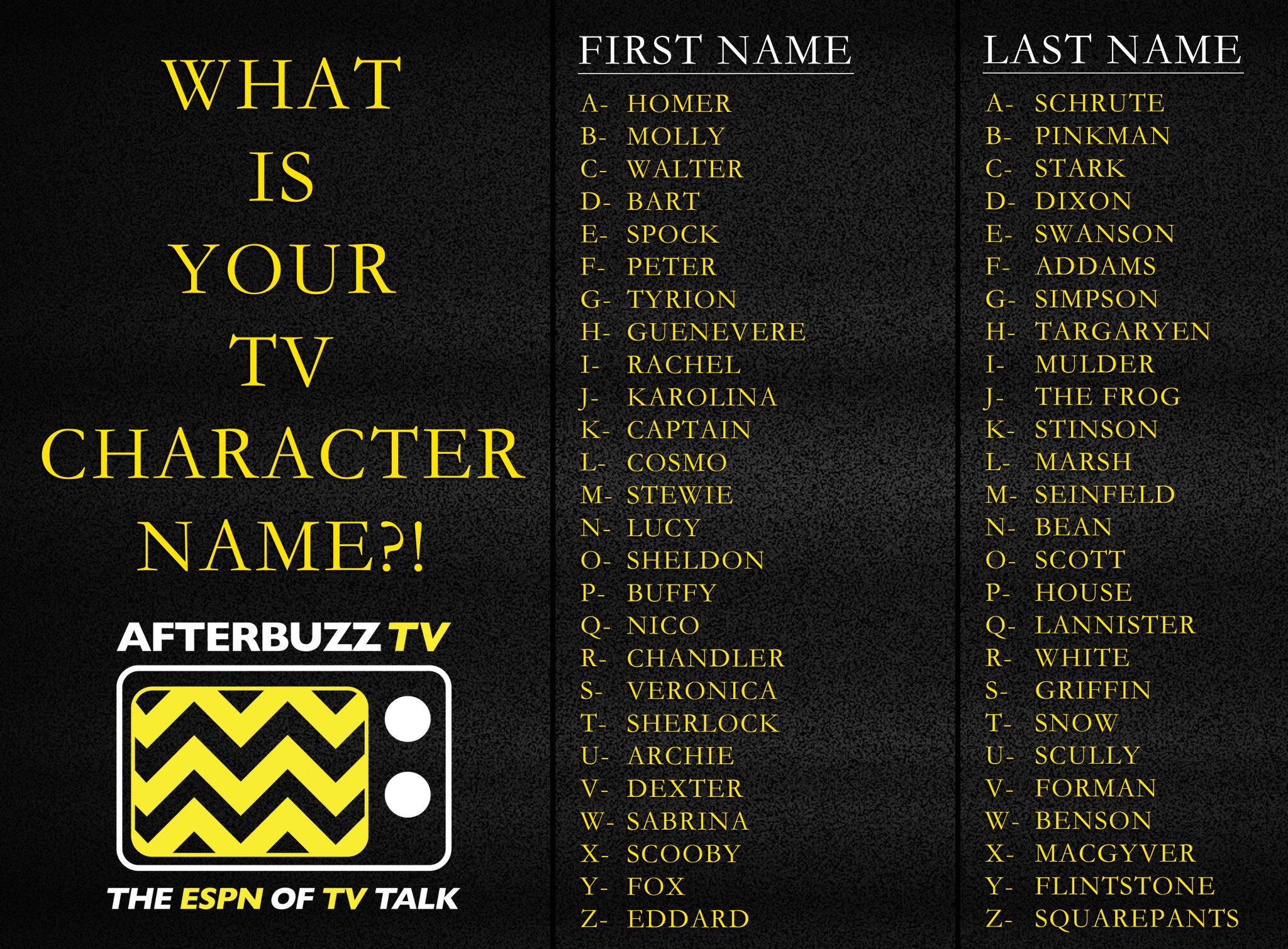 Afterbuzz Tv Ever Dreamed Of Being On A Tv Show Ever Thought Of What Your Character Name Would Be Find Out Today And Tell Us What You Get Afterbuzz Tv S