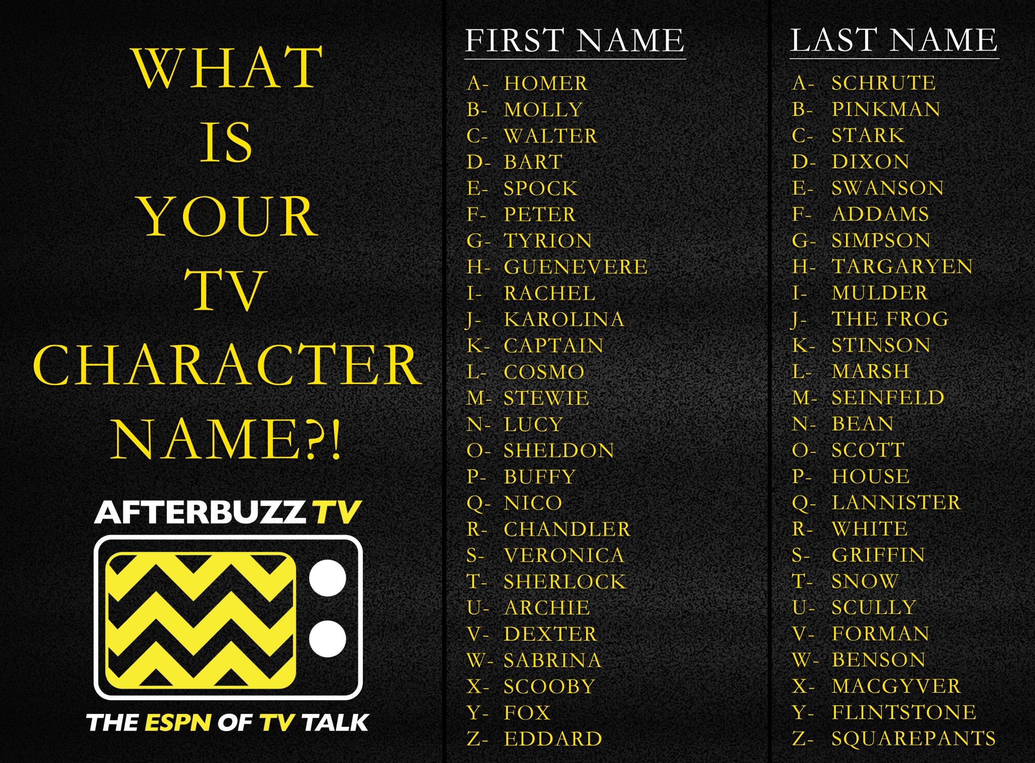 Afterbuzz Tv Ever Dreamed Of Being On A Tv Show Ever Thought Of What Your Character Name Would Be Find Out Today And Tell Us What You Get Afterbuzz Tv S Afterbuzz Tv Ever Dreamed Of Being On A Tv Show Ever Thought Of What Your Character Name Would Be Find Out Today And Tell Us What You Get Afterbuzz Tv S