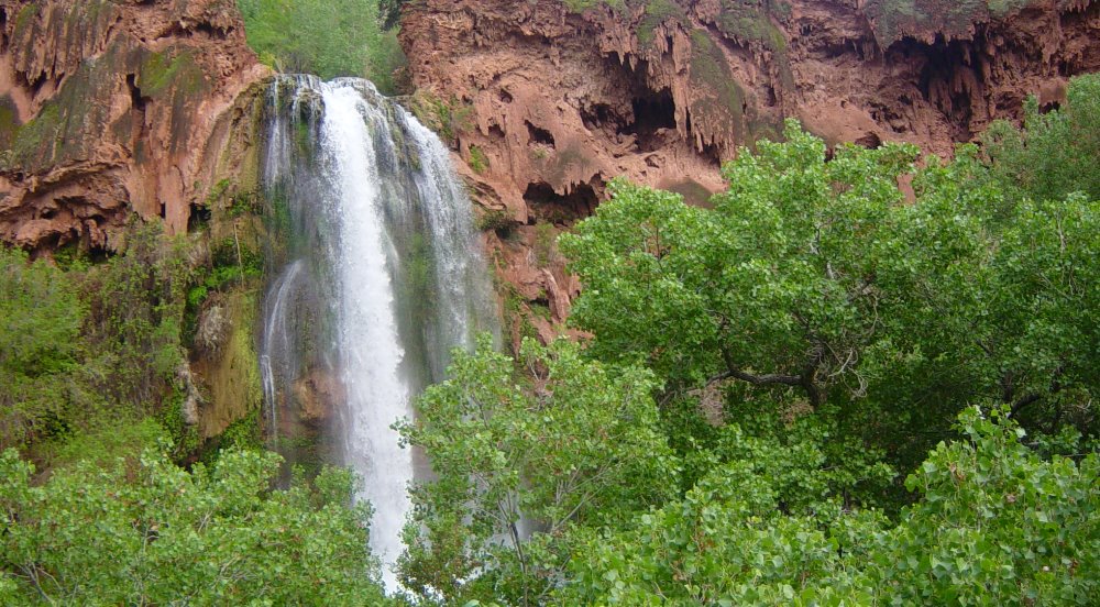 Image description: a waterfall cascading breaks into several streams as it passes over eroded rock. Green leafy, trees
 fill the foreground.