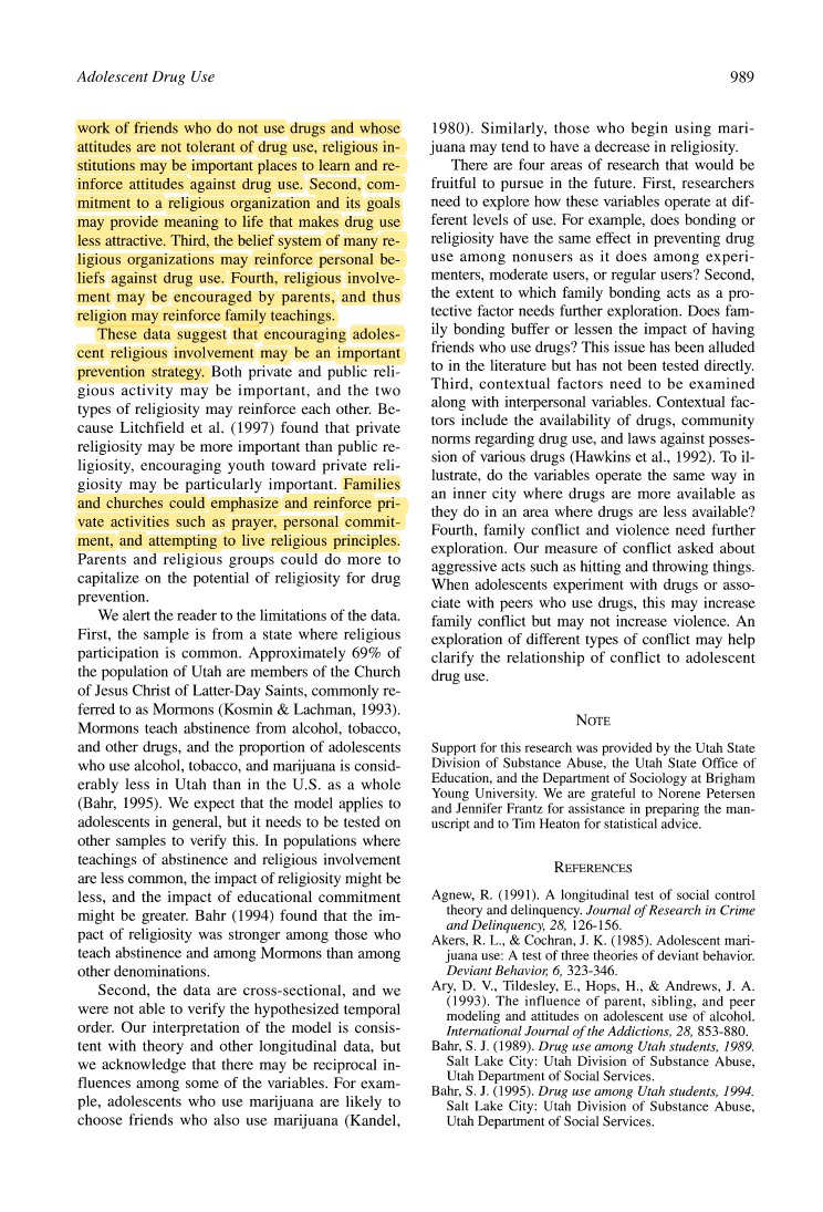 More religiosity results in lower rates of drug use as well as less likely to be friends with drug users, less religious resulted in more drugs. Being involved in religious community organizations and praying had the biggest effect on decreasing drug use. https://www.jstor.org/stable/353639 