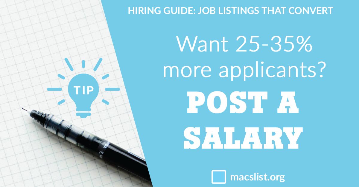 Macs_List's tweet image. If your organization struggles with hiring, start by auditing your job listings. Post more info, like salary ranges and benefits, to raise application rates up to 35%! #recruitingstrategy ow.ly/q9FQ30n3eiR