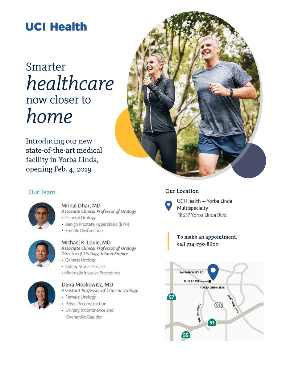 UCI_Urology's tweet image. We are 1 week away from practicing out in your neighborhood, Yorba Linda. Pleased to announce our urology team of specialists Mrinal Dhar, M.D., Michael K. Louie, M.D., and Dena Moskowitz, M.D. @demoskowitz #uciurology