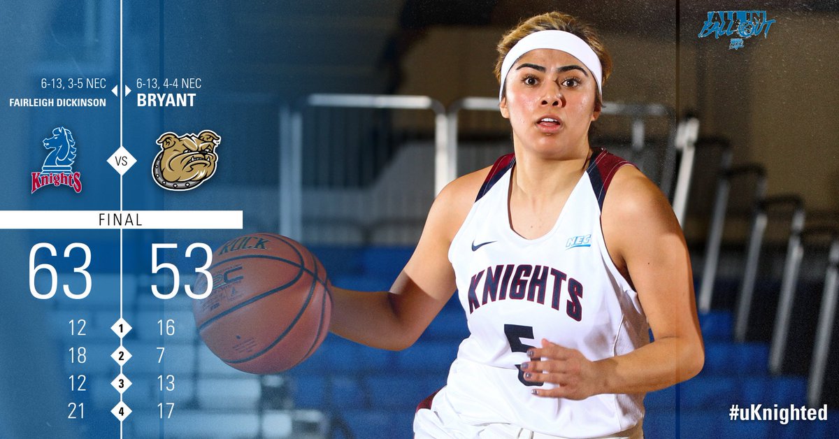 FDUKnightsWBB's tweet photo. Knights WIN! Final: 63-53
Natalie Zamora finishes with team-high 13 pts, 4 stls, 5 rebs; Peniel M'Bikata 12 pts, 10 rebs for her first career double-double! #uKnighted #NECWBB #ALLINBALLOUT https://t.co/qcHkghbPzd