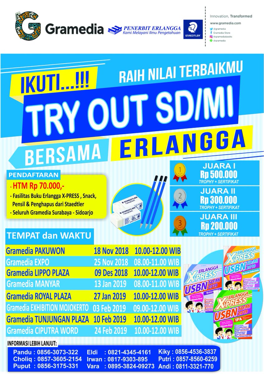 BukuERLANGGA's tweet photo. Halo Mojokerto!! Ikut Tryout SD/MI bersama Gramedia Exhibition Mojokerto di pada 3 Februari 2019 pada Pukul 09.00-12.00 WIB. Informasi pendaftaran kunjungi https://t.co/Nz3z5SKqBc #TryoutErlangga #BukuErlangga #PenerbitErlangga https://t.co/WybUjIu1J8