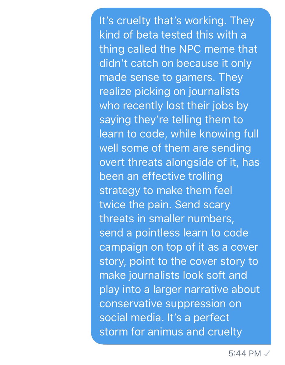 oneunderscore__'s tweet photo. Zoe Beery at Study Hall asked me why “Learn To Code” is such an effective meme for both the far-right and regular conservative media.
It’s a perfect memetic storm: an ingenious cover story of highlighting journalistic softness with Learn To Code, then expected cruelty underneath https://t.co/DNf4XfC6IP