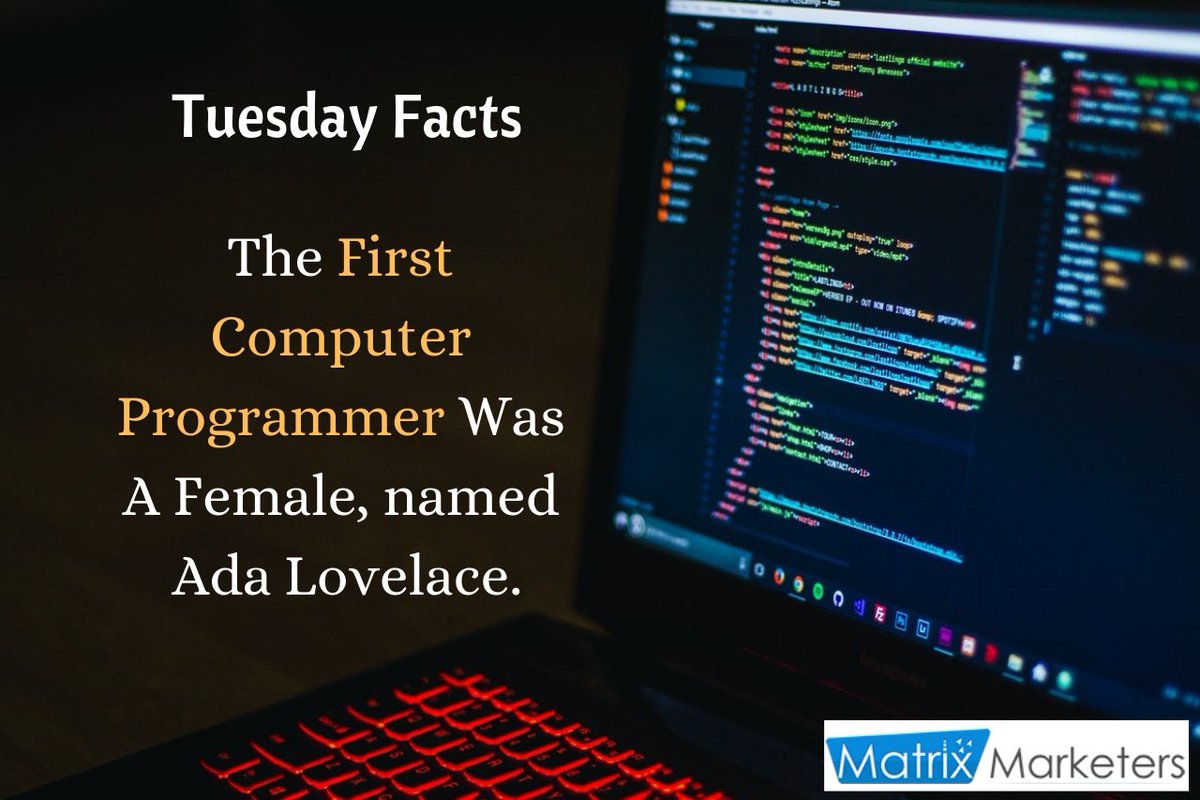 mtrxmrktrs's tweet image. Did you know that the first computer programmer was a female, named Ada Lovelace? #ProgrammersFacts #FirstComputerProgrammer #Programmers #Developers #CoderGirl #MatrixMarketers #TuesdayFacts #programmer #coders #developers #TuesdayMotivation