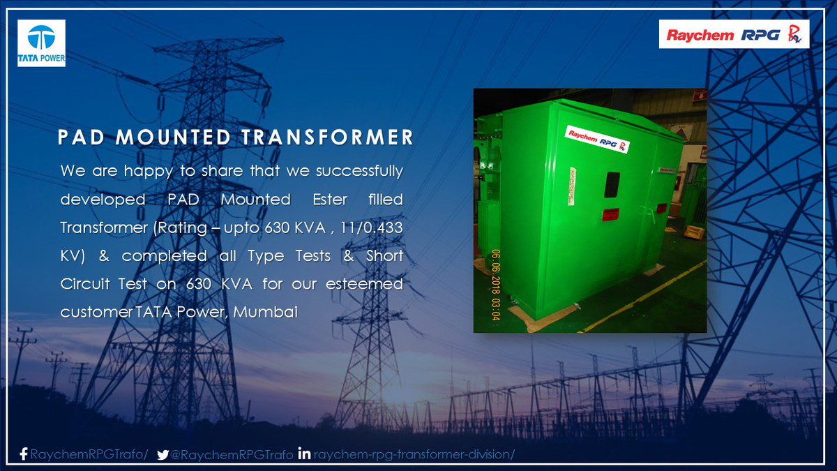 RaychemRPGTrafo's tweet photo. We are happy to share that we successfully developed PAD Mounted Ester filled Transformer (Rating – upto 630 KVA , 11/0.433 KV) &amp; completed all Type Tests &amp; Short Circuit Test on 630 KVA for our esteemed customer TATA Power, Mumbai
#innovation https://t.co/TjGaXmfjQ5