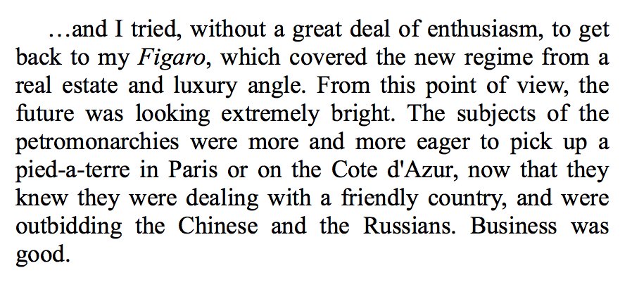 But religious life just doesn't connect with our narrator. He takes a train home. As he's seated across from a middle-aged Arab businessman with two twenty-year-old wives, this is what his elites tell him about the glory of his future.Neoliberalism will never recover from this.