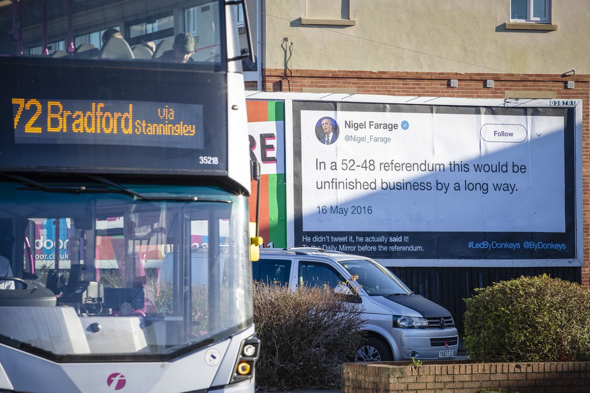 ByDonkeys's tweet photo. BOOM! We’re throwing their exact words back at them. Our UK-wide ad campaign - paid for by you - just launched in Leeds (50/50 in ref). Many more places to follow. We’re turning Brexiteer quotes into tweets &amp; slapping them on billboards. #LedByDonkeys
>>> https://t.co/b8z7ZxwAJ2 https://t.co/RQRNxtQdOi