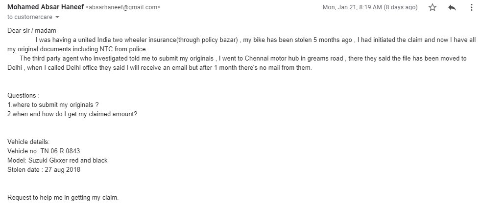 absarhaneef's tweet photo. @UIIC_Ltd @policybazaar No response for my mail its been over 10 days.   Customer care at its worst. Feeling hopeless https://t.co/uHECTp4RTg