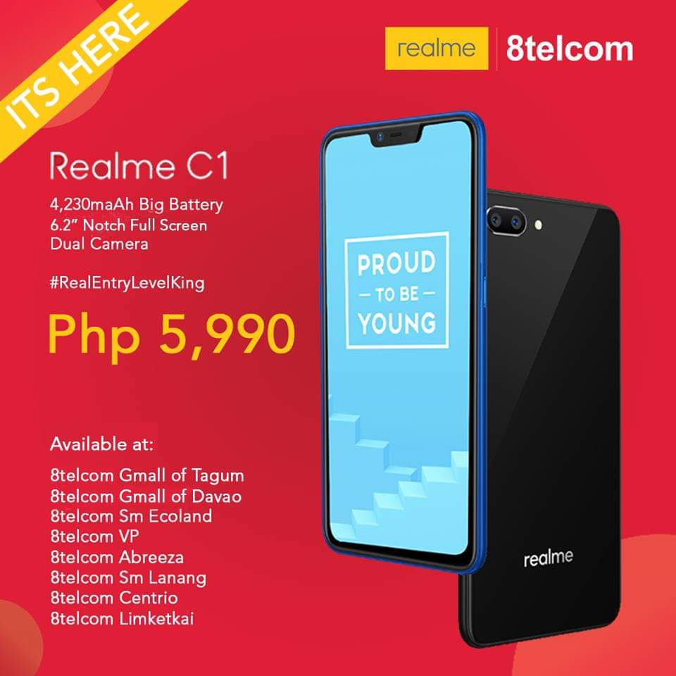 8telcomInc's tweet photo. Its here na mga bes. The #RealEntryLevelKing is finally ready to take the throne in Davao City

RealMe C1 is Now available at 8telcom stores near you! #8telcom https://t.co/79U0qU9G71