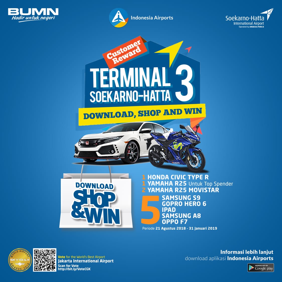 INJairports's tweet photo. Tweeps, tinggal 2 hari lg nih kesempatan kamu buat ikutan Customer Reward di Terminal 3 @cgk_ap2 dan bawa pulang berbagai hadiah menarik. Tunggu apalagi!!
#semangatbaru
#customerreward
#soekarnohattaairport https://t.co/7IVXZPwhaW
