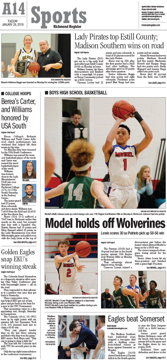 RichmondRsports's tweet image. The Richmond Register&apos;s Tuesday, Jan. 29, 2019 Sports Page
@Berea_Athletics @BereaWBBALL @ModelBasketball @MadSouth_Bball @bereacommunity @MSHSLadyEagles @EKUHoops