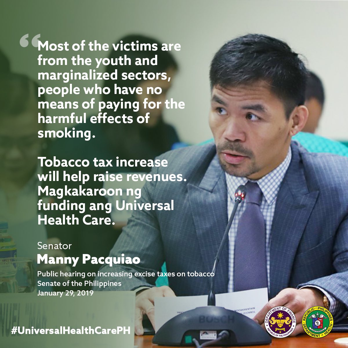 dofgovph's tweet photo. Senator @mannypacquiao pushes for higher tobacco taxes to protect the youth and marginalized sectors, as well as fund Universal Health Care (UHC).

#SayYestoUHC
#UniversalHealthCarePH
#TaxReformNow https://t.co/6NAEkLHgXG