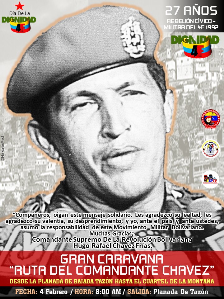 DavidRo51445635's tweet photo. #4FebEn Conmemoración De Los 27 Años De La Rebelión Cívico-Militar Del 4F De 1992, Invitamos:

Gran Caravana "La Ruta Del Comandante Chavez"
Fecha: #4Feb / Hora: 8:00AM / Salida: Desde Planada De Tazón

ASISTE

#FANBLealAlPuebloYLaRevolucion
#29Ene
Independencia 

La Constitución https://t.co/HT7SWq4LCI