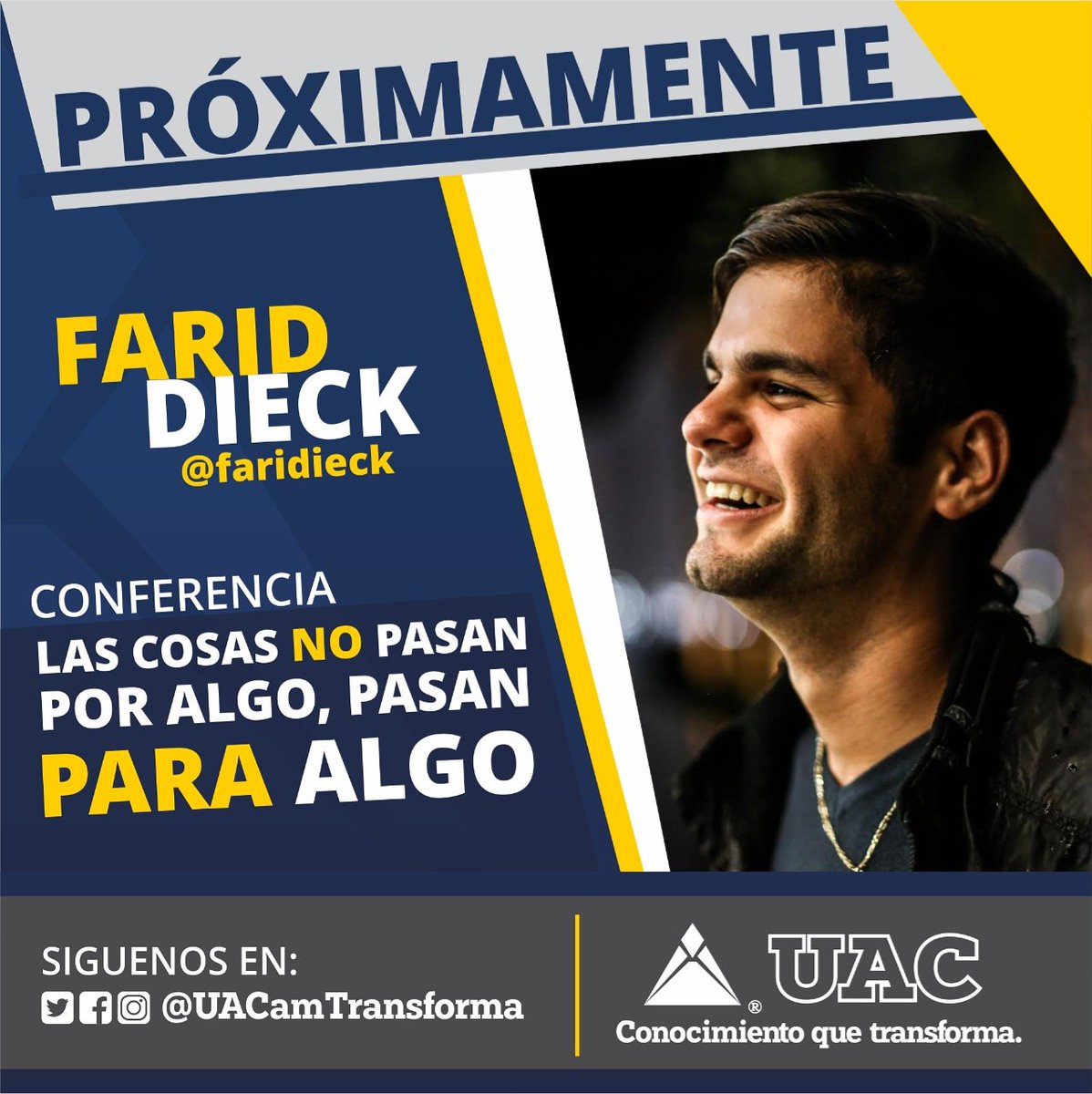 CindySaraviaL's tweet photo. 🔴¡PRÓXIMAMENTE!🔴

Un evento para los estudiantes universitarios, con tres importantes jóvenes influencers que vendrán a compartir su experiencia en temas de emprendimiento, creatividad, altruismo y actitud positiva.

¡@faridieck es uno de ellos!✅

#ConocimientoQueTransforma https://t.co/W7pJQVs325