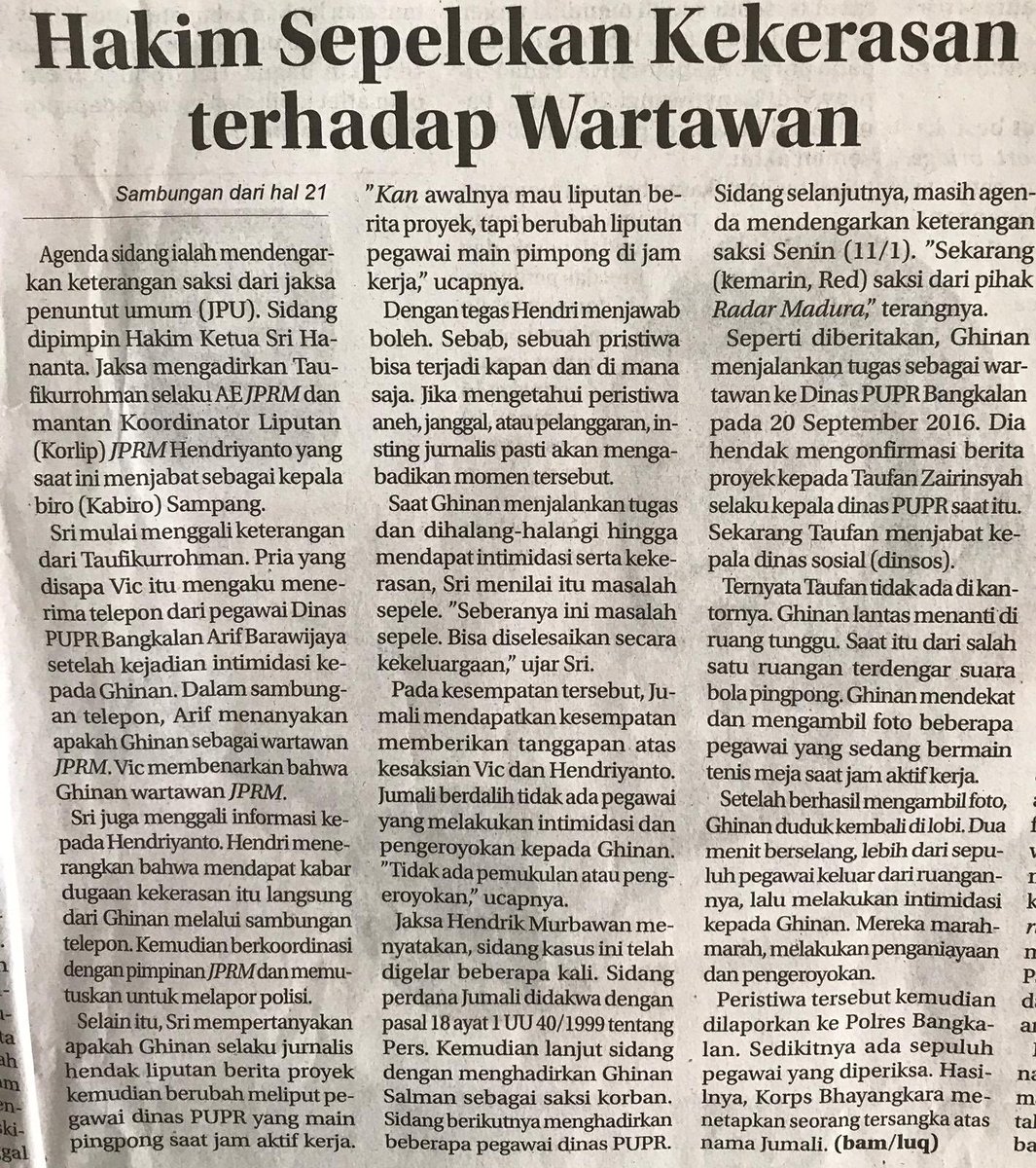 Hakim Sepelekan Kekerasan trhp Jurnalis. Ini potret buram perlindungan trhp jurnalis. Sulitnya mencari keadilan. Begitu keadilan brhasil direbut, penguasa merampasnya! Kasus Ghinan dn Prabangsa bisa jdi contoh kontradiksi hukum! <a href="/AJIIndonesia/">AJI Indonesia</a> <a href="/dewanpers/">Dewan Pers</a> <a href="/Dandhy_Laksono/">Dandhy Laksono</a>