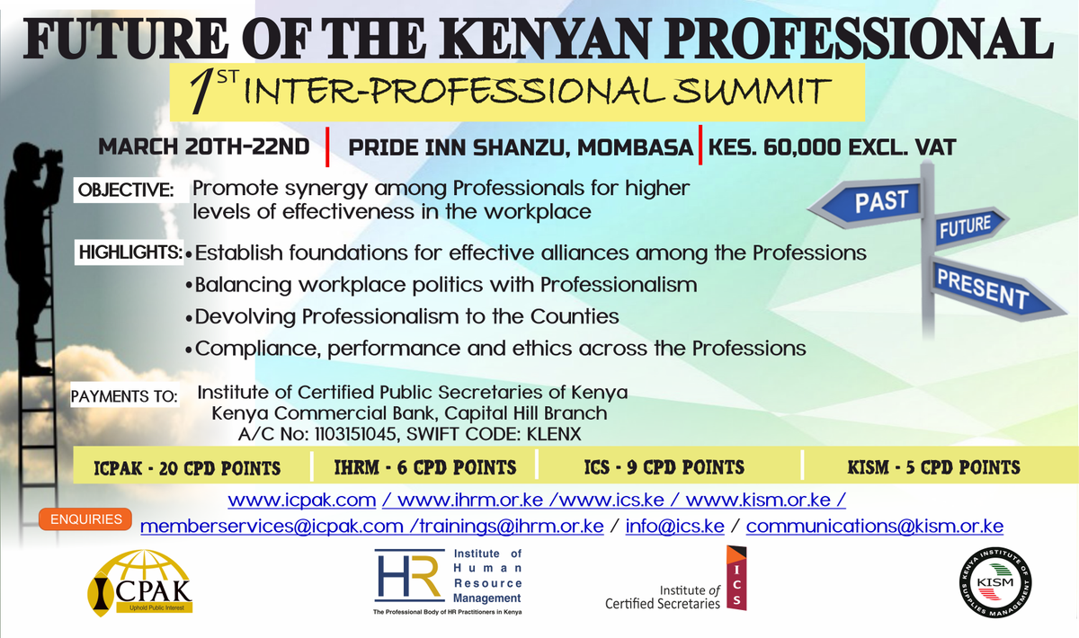 Ihrm_Kenya's tweet photo. The Journey to promote synergy among professionals has began, we invite you to the 1st Inter-Professional Summit hosted by ICPAK, IHRM, ICS & KISM. Grab a copy of Daily Nation, Tuesday 29th January, 2019 and get more highlights on page 11. #JointSummit https://t.co/vjhYPJzr3Y
