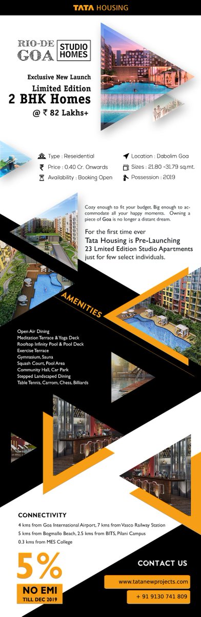 #TataRioDeGoaStudioHomes of your dream present by Tata Housing that gives you the option of 1, 2 and 3 BHK apartments. Its a township of green surrounding and energetic Life at Dabolim, Goa.
Read More:- tatanewprojects.com/tata-housing-g…