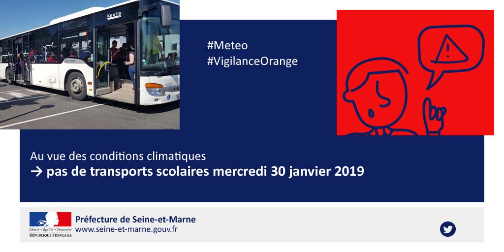 #vigilanceOrange #NeigeVerglas 
Par mesure de précaution, les transports scolaires sont suspendus mercredi 30 janvier 2019 dans tout le département de #SeineEtMarne 
Différez vos déplacements au maximum