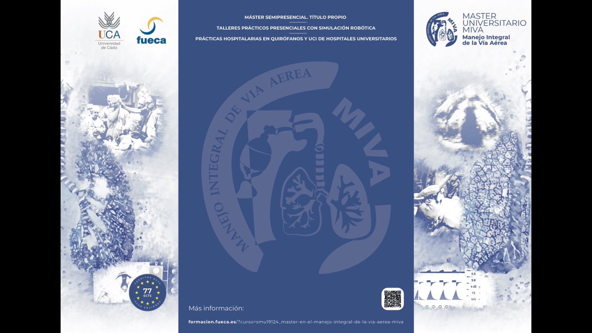 Jorge_Alv_Lopez's tweet photo. MASTER UNIVERSITARIO MIVA. Manejo Integral de la Via Aerea. #MIVAMaster #cursoMIVA @Fundacion_FUECA @curso_miva @aaearanestesia @EAMSAirway Inscripciones: https://t.co/FLaqPgwbSl Mas informacion: info@cursomiva.com https://t.co/32bESWouUN
