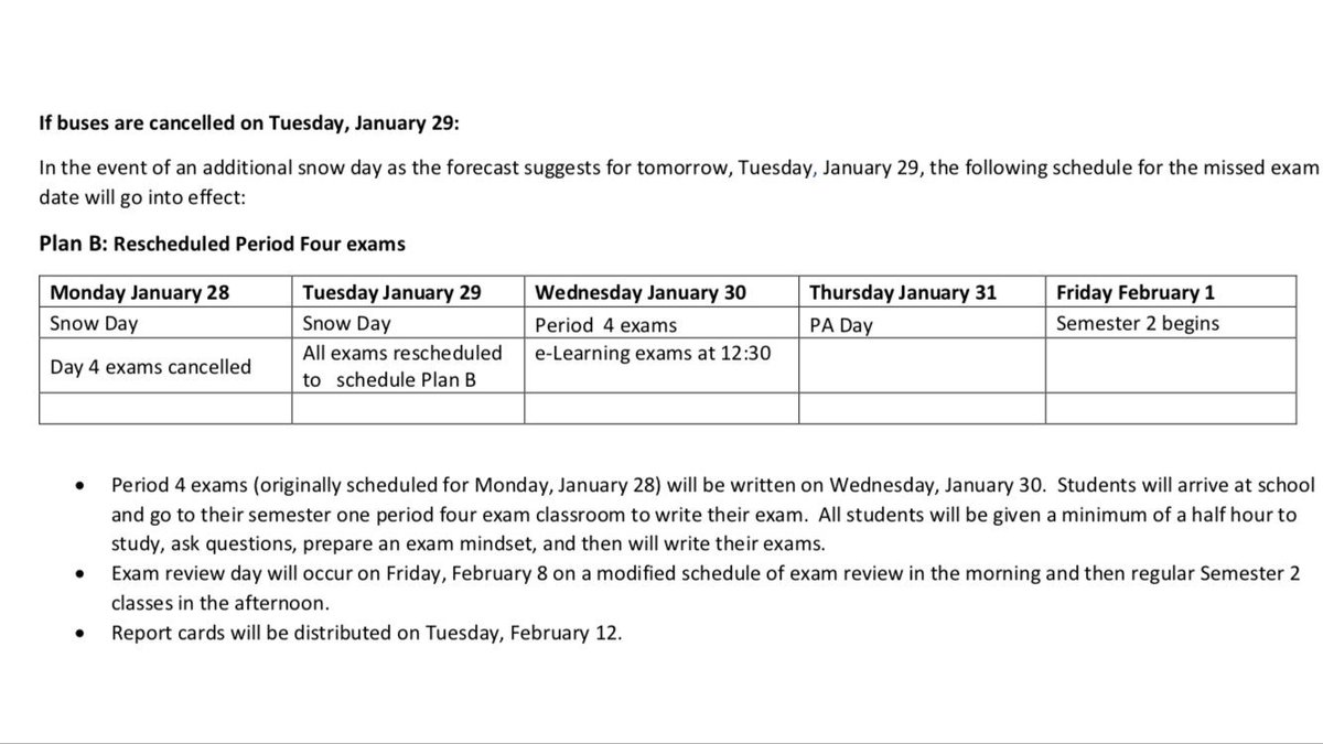 zagaleaders's tweet photo. Schools are closed today due to weather conditions. Please see the picture below for the revised exam schedule https://t.co/uLmUMkmYYS