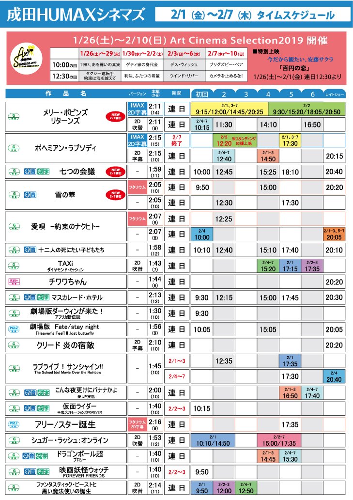 成田humaxシネマズ 成田humax上映スケジュール 2 1 金 2 7 木 新作 メリー ポピンズ リターンズ 2d吹替 Imax2d字幕 七つの会議 雪の華 特殊上映 ボヘミアン ラプソディimaxスタンディング応援上映 2 2 土 のみ12 T Co Mtidwjuk9u