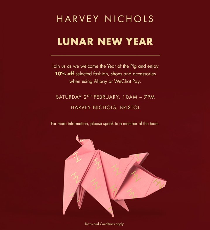 CabotCircus's tweet image. Head to Harvey Nichols this Saturday and join their #ChineseNew Year celebrations with 10% off