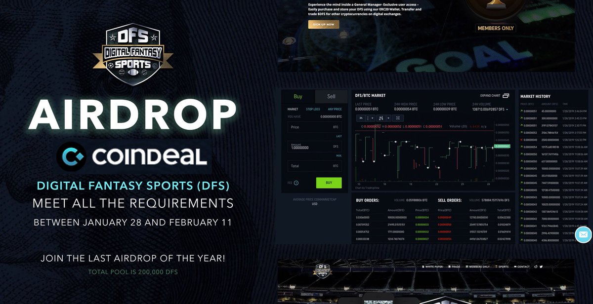 $DFS is BLASTING off into the New Year! 🚀🏆

Help us bring two of the best crypto communities together

From January 28 to February 11 Join $DFS &amp; <a href="/Coindeal_/">CoinDeal - old channel</a> as we offer an exclusive #AIRDROP

➡️ Learn More: bit.ly/2RmpGWb 
➡️ Join Here: bit.ly/DFS-airdrop

#crypto