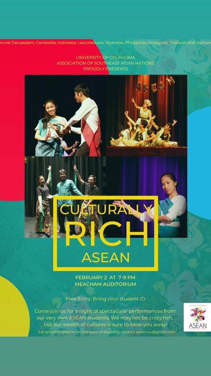 Come to our ASEAN NIGHT! It is next Saturday!! 

#notcrazyrich but #culturallyrich #ASEANNight2019 #culturallyrichASEAN

ASEAN Night 2019: Culturally Rich ASEAN
February 2, 7-9 pm 
Meacham Auditorium