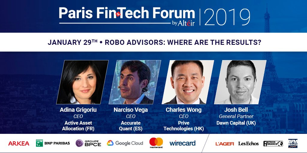 ParisFinForum's tweet photo. #PFF19 🕒10min robo advisors: where are the results? panel moderated by @TheRudinGroup at Wealth Mangt & Market Track with @AdinaGrigoriu CEO @ActiveAssetAlloc #NarcisoVega CEO #AccurateQuant #CharlesWong CEO #PriveTechnologies @joshbell General partner #DawnCapital https://t.co/FzFBzX5H1W