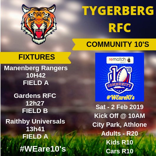 Newsflash - Community 10's - Tygerberg RFC Fixtures - 2 February 2019
<a href="/wpclubrugby/">WP Club Rugby</a> #WEare10's #Community10's #WeGoAgain #TiereYes