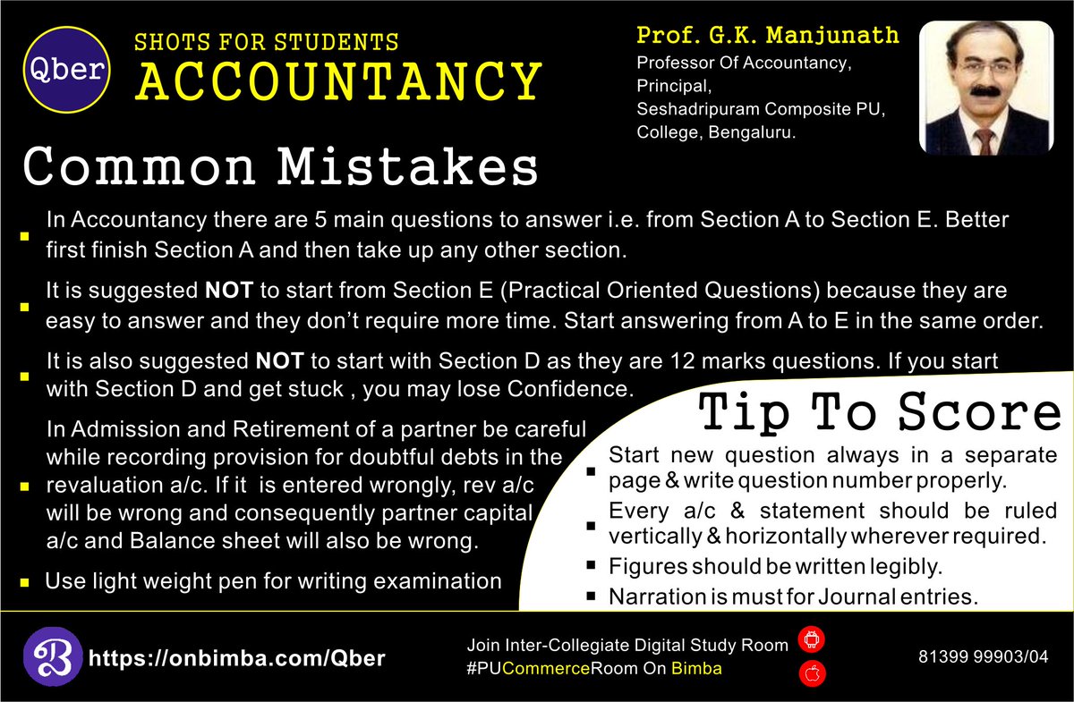 AirShaale's tweet photo. Common Mistakes made by Students in Accountancy PU Exam - Qber Shots
By Prof. G.K.Manjunath, Prof. Of Accountancy & Principal, Seshadripuram Composite PU College, Bengaluru
For more, join, #PUCommerceRoom On Bimba (https://t.co/dXK8MgrJ3u) https://t.co/4Ms9VOH4FN