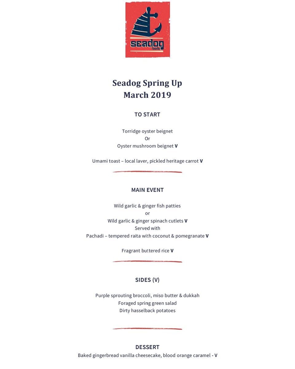 Menu reveal for those of you lucky enough to get your hands on tickets for our #soldout Spring Ups in March. 
Missed out?  Fear not Seadog fans, lots more event news coming very soon!

#springup #seasonalfood #localingredients #eattheseasons #devonfishandseafood #torridgeoysters