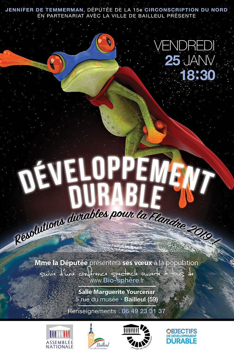 Vendredi 25 janvier - 18h30
Une conférence-spectacle sur le #développementdurable organisée par <a href="/JDetemmerman/">Jennifer De Temmerman 🌍🕊️🇺🇳🌹🇪🇺</a>, députée de la 15e circonscription du Nord, qui a présenté ses voeux à la population. 
+ d'infos goo.gl/tp3qoX
Plan d'accès goo.gl/maps/U8fYPctFC…
#ecocitoyen