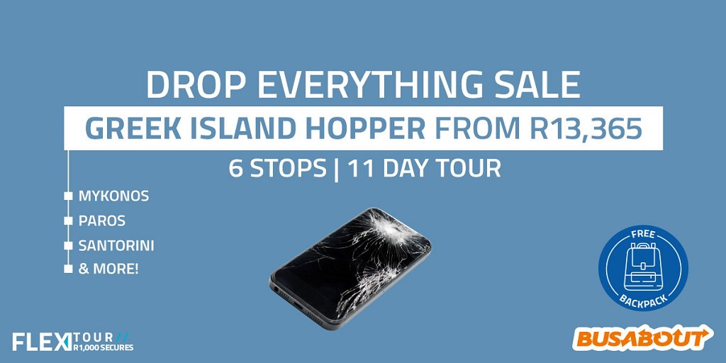 statravelSA's tweet photo. πDROP EVERYTHING SALE
Greek Island Hopper Tour FR. R13,365!
**Get a free travel backpack when you book a #Busabout tour instore
Includes 11 day sailing tour of 6 cities in #Greece!
More info: https://t.co/ftcBpiz4kO
Enquire here: https://t.co/nwmrSd2Mna
#SecureThisTourForR1000 https://t.co/vNEZ6TWdlV