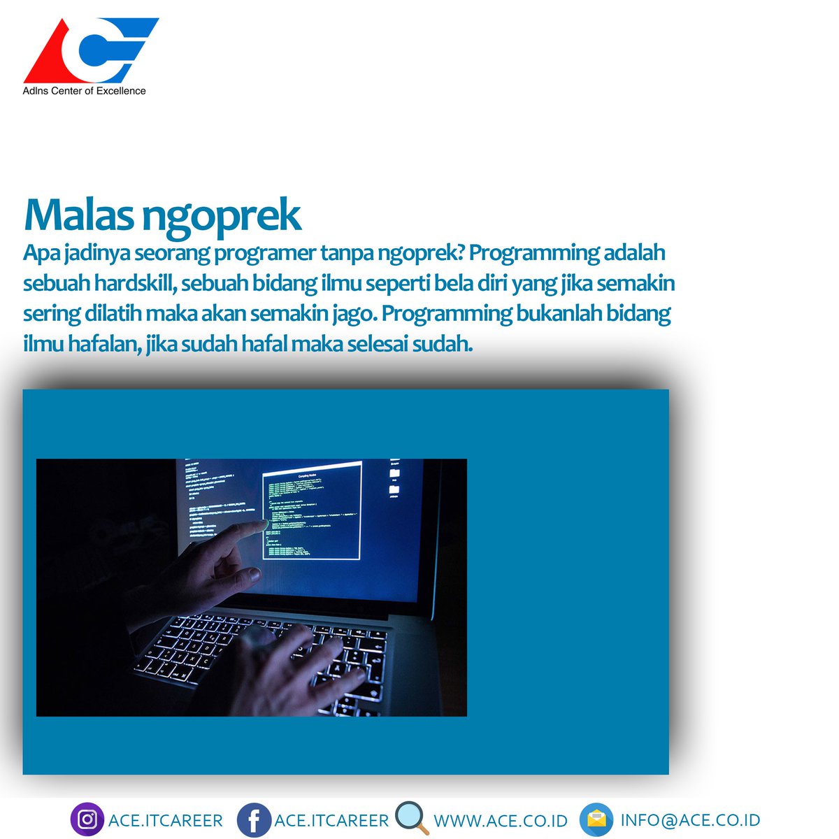 ACE_ITCareer's tweet photo. Halo Sobat ACE, ingin mengembangkan karir menjadi Programmer Professional? nah kamu perlu menghindari 3 sikap ini ketika kamu bekerja, yuk disimak! 

#ace #acehr #quotes #motivation #recruitment #loker #lokerIT #lowonganKerja #vacancy #lokerjakarta #infokerja https://t.co/b9dfYkYKL7