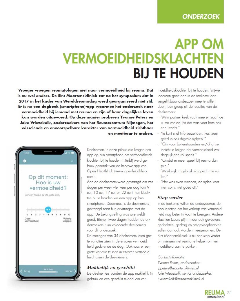 movingresearch's tweet photo. Deze maand een artikel met Yvonne en Joke in #ReumaMagazine over het pilotonderzoek waarin mensen met #reuma werd gevraagd hun #vermoeidheid bij te houden via een app @Maartenskliniek @Openhealthhub @ReumaMagazine https://t.co/HA1JBK5YwR
