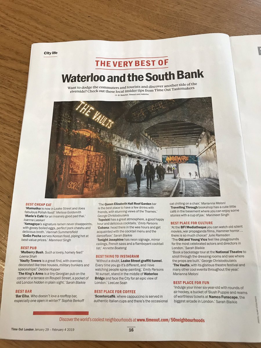 We are SO happy! Thank you <a href="/TimeOutLondon/">Time Out London</a> for featuring our neighbourhood, and its brilliant businesses 🥳 <a href="/mamuska_net/">Mamuśka! Restaurant and Bar</a> <a href="/YamagoyaUK/">YAMAGOYA ラーメン</a> <a href="/2NightJosephine/">Tonight Josephine</a> <a href="/LeakeStArches/">Leake Street Arches</a> <a href="/CubanaLondon/">Cubana London</a> <a href="/Trvllng_Thrgh/">Travelling Through... the World and Life</a> <a href="/oldvictheatre/">The Old Vic</a> <a href="/youngvictheatre/">Young Vic</a> @thevaultsuk <a href="/vaultytowers/">vaultytowers</a> <a href="/thekingsarmsse1/">The Kings Arms</a>