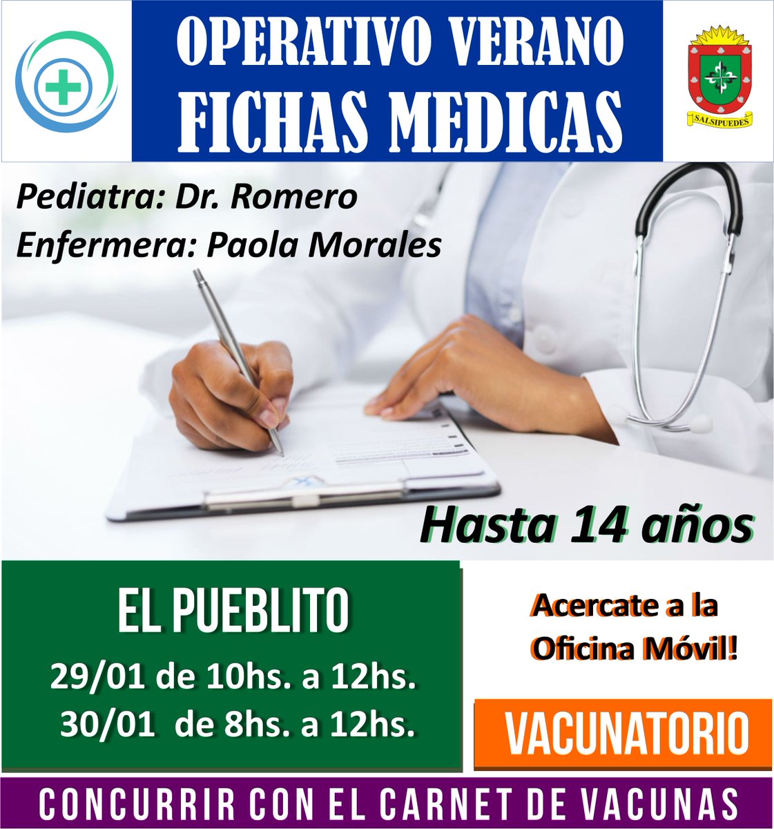 ATENCION EL PUEBLITO!
Seguimos con el OPERATIVO VERANO-FICHAS MEDICAS. 
RECORDAR! 
HOY 29 DE ENERO 10 TURNOS POR ORDEN DE LLEGADA 
MAÑANA 30 DE ENERO 20 TURNOS POR ORDEN DE LLEGADA