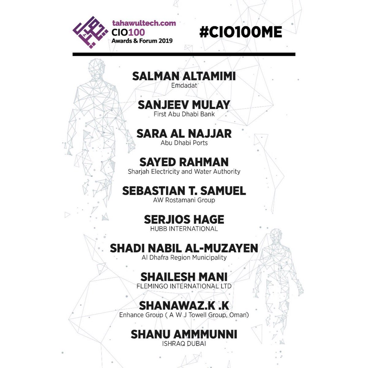 tahawultech's tweet photo. Congratulations to all the winners of CNME and https://t.co/ZjTALiEQQ2’s CIO 100 Awards 2019!
#CIO100ME https://t.co/xnCWkC2erl