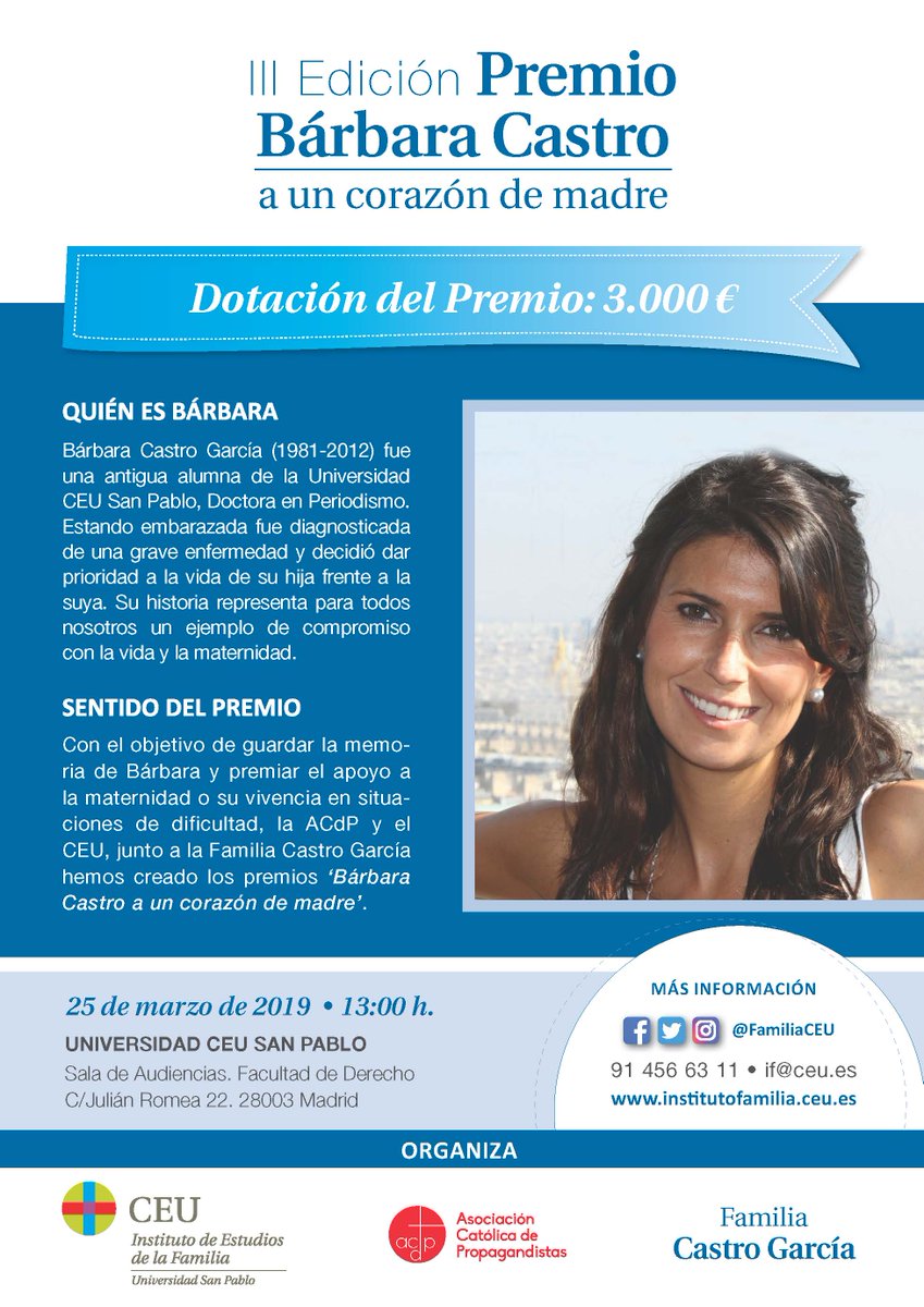 🏆Convocatoria III Ed. Premios Bárbara Castro
¿Quién puede participar? persona física o jurídica que con su apoyo o experiencia vital haya defendido la maternidad en situación de dificultad
¿Cómo participar? enviar candidaturas memoria/experiencia a 📩if@ceu.es
Dotación: 3.000€