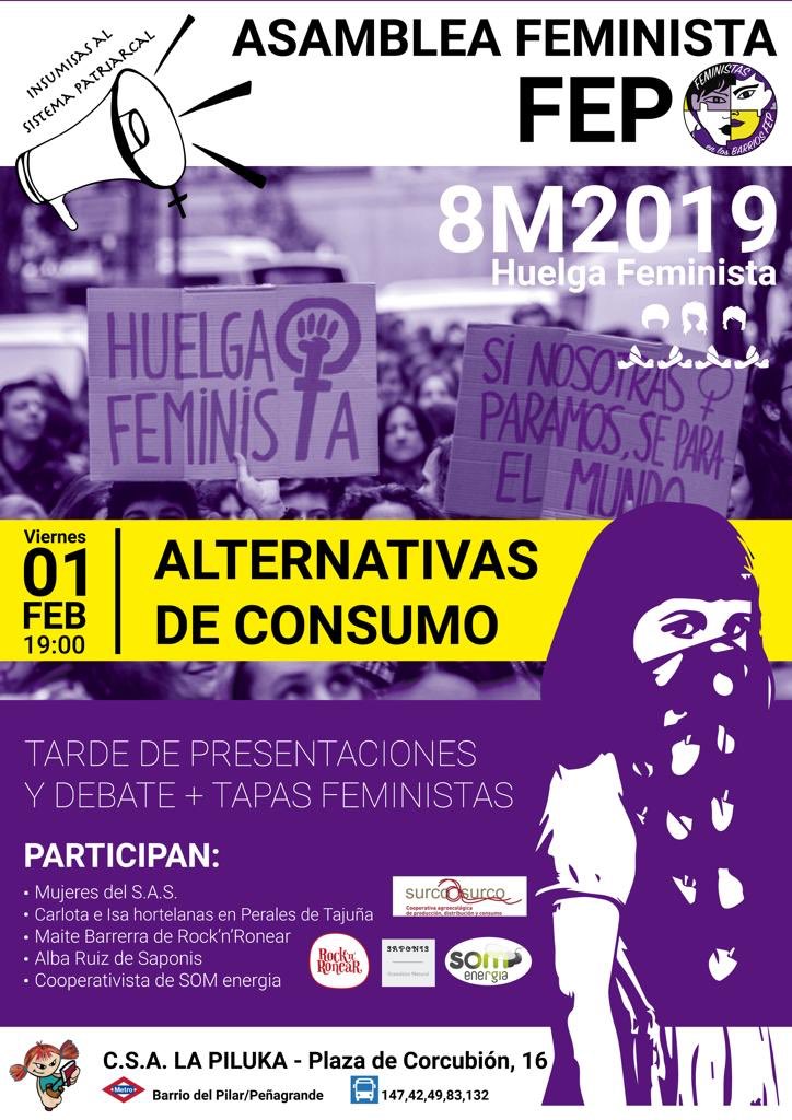 Este VIERNES 1 DE FEBRERO, nueva actividad #HaciaLaHuelgaFeminista organizada por <a href="/FemiFep/">Asamblea Feminista Fuencarral-El Pardo</a>! Vendrán a hablar sobre alternativas de consumo representantes de SAS, <a href="/RocknRonear/">Rock'n'Ronear</a>, Saponis, <a href="/somenergiamad/">Som Energia Madrid</a> y hortelanas en Perales de Tajuña. Y después, tapas feministas. Os esperamos!