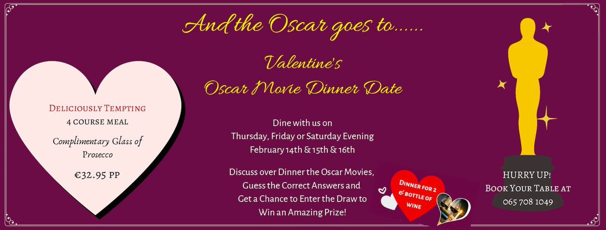 💞Spice up your Valentine's Dinner this year! 💞
Enjoy a Deliciously Tempting 4 Course Dinner (€32.95 per person) while having an entertaining Oscar movies discussion hidden in our Menu and get a chance to win an Amazing Prize! 🥰
Bookings at 0657081049📞