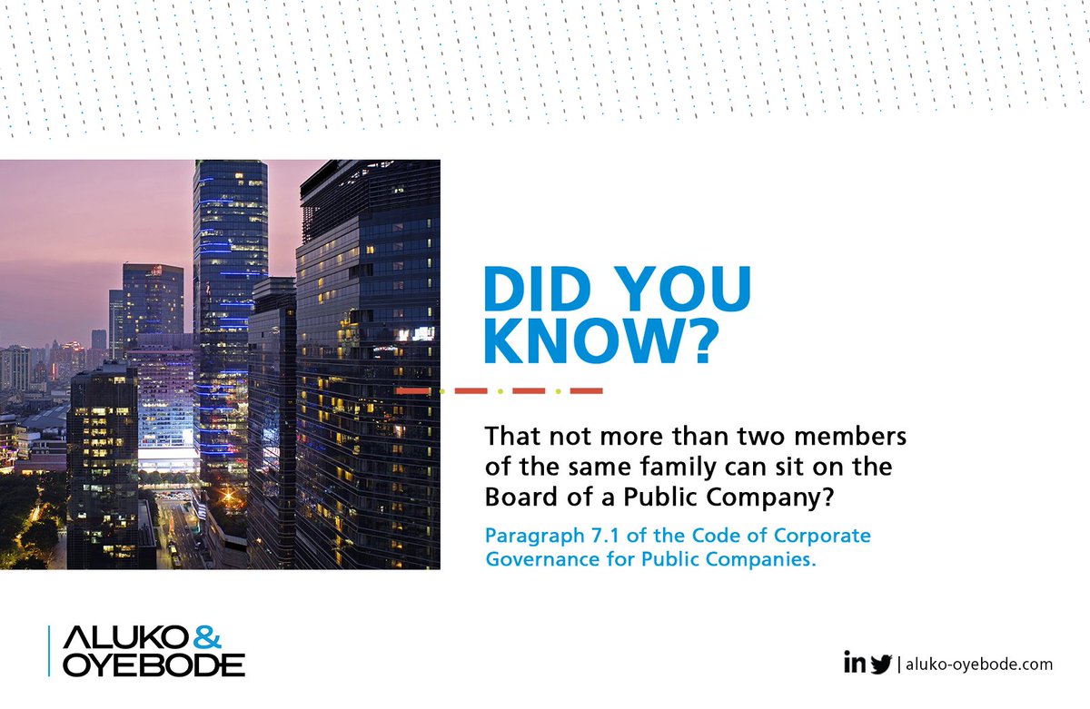 Aluko_Oyebode's tweet photo. Did you know that not more than two members of the same family can sit on the Board of a Public Company? #TipTuesday #AlukoOyebodeLegalTips #Nigeria #CorporateGovernance #PublicCompanies #OrganizationStructure https://t.co/XmEzOHni4p