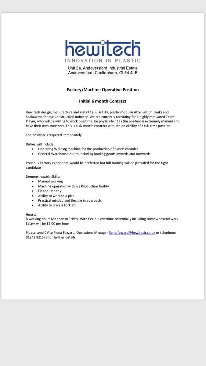 Job advertisement in Cheltenham, Gloucestershire 
#cheltenhamjobs #gloucesterjobs #factory