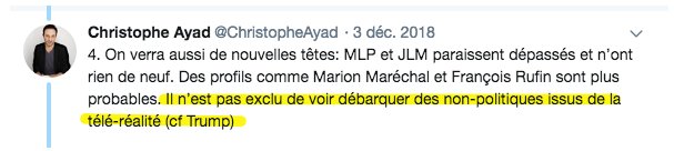 Il y a quelques temps, j'ai vu passer ce thread de  @ChristopheAyad ( https://twitter.com/ChristopheAyad/status/1069618897979097088) et depuis j'entretiens dans ma tête une effrayante dystopie dans laquelle Cyril Hanouna est devenu Président de la République