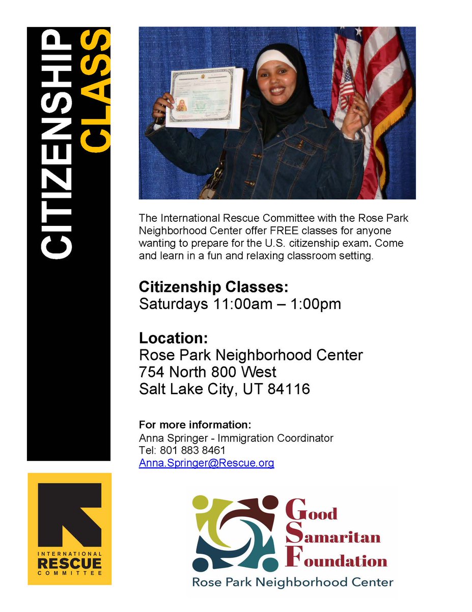 We're excited to partner with <a href="/theIRC/">IRC</a> in SLC to offer citizenship classes at Rose Park Neighborhood Center!