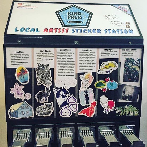 MulberryCoffee's tweet photo. Local Artist Sticker Station created by @kindsticks is stocked with 5 different sticker designs by 5 local artists. Launch party is Feb 8th at 7pm. #hamont #hamontart #stickervendingmachine https://t.co/blCEWpRU4R